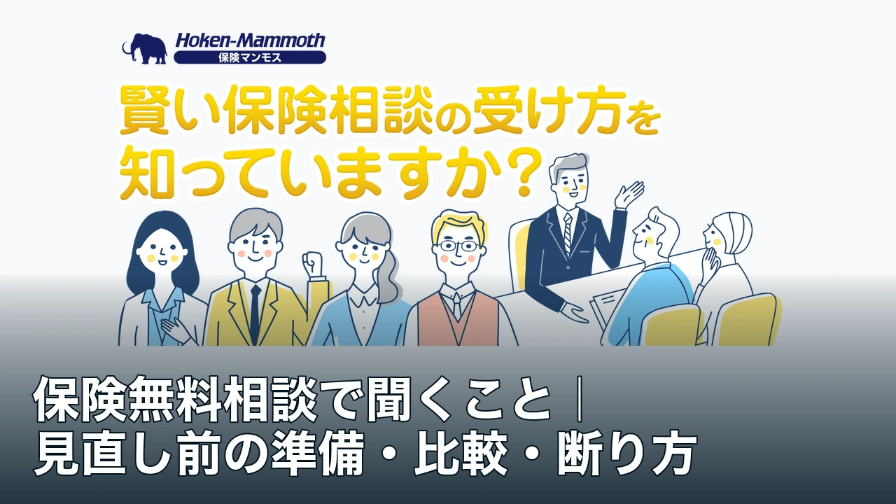 保険マンモスの公式広告素材と保険無料相談で聞くことを示す記事タイトル